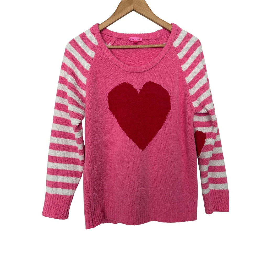 Betsey Johnson Pink Heart Fuzzy Sweater Striped Sleeves Elbow Patches Medium